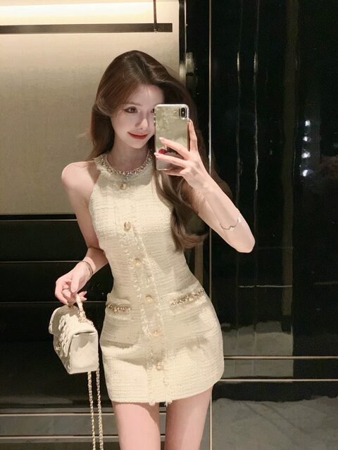 French-Style Gold-Button Chanel-Inspired Dress for Women, 2025 Summer New Sleeveless Waist-Cinching Slim-Fit Bodycon Short Dress