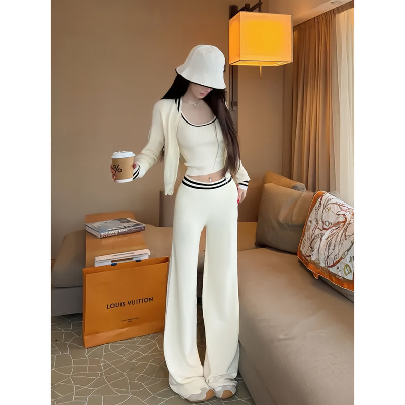Color-Blocked Knitted Cardigan Vest Set for Women, Autumn Outfit, Korean Style, Slimming, Casual, Sporty, Age-Reducing Pants Three-Piece Set