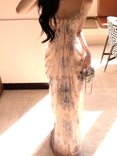 Elegant Flower Girl Pure Desire Vacation Style Spaghetti Strap Dress Women's Early Autumn New Mesh Print Beach Vacation Dress