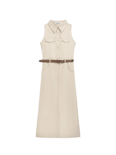 2025 Spring New Style Lapel Shirt Dress for Women, Elegant Sleeveless Design, Commuting Waist-Cinching Slim Fit Long Dress