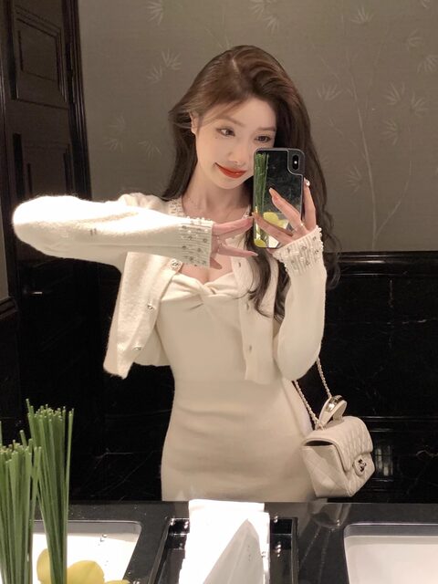 Elegant and Sophisticated Hand-Stitched Rhinestone Knit Cardigan Jacket for Women, Stylish and Trendy Dress Set