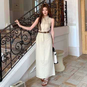 2025 Spring New Style Lapel Shirt Dress for Women, Elegant Sleeveless Design, Commuting Waist-Cinching Slim Fit Long Dress