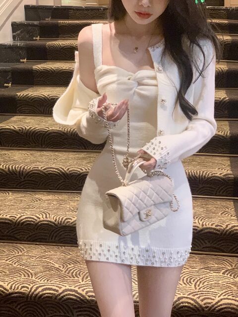 Elegant and Sophisticated Hand-Stitched Rhinestone Knit Cardigan Jacket for Women, Stylish and Trendy Dress Set