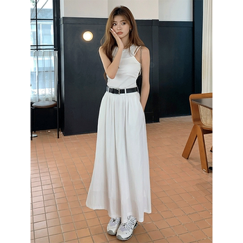 2024 Spring New High-Waisted Slimming White Mid-Length Skirt for Women, Elegant and Versatile A-Line Flared Long Skirt
