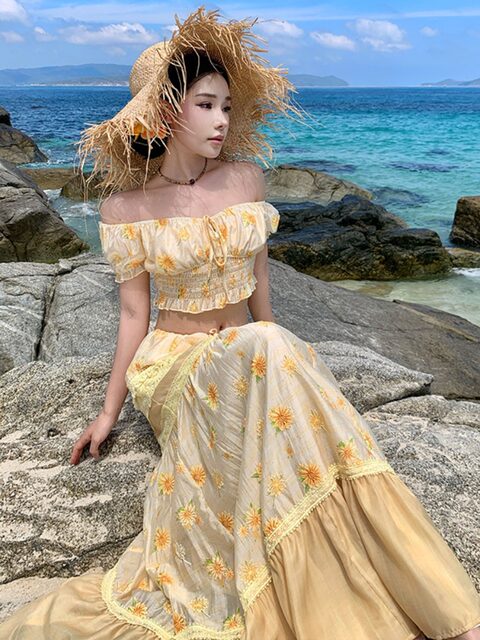 Little Daisy Style Seaside Vacation Tencel Embroidered Tube Top Women's Heavy-Duty Drawstring Skirt Summer Two-Piece Set