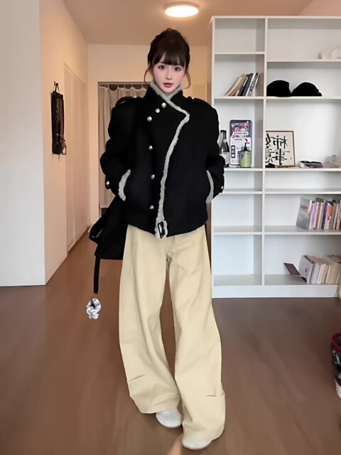 New Style Hot Girl Style Black Fur Stand-Up Collar Woolen Outwear for Women in Autumn and Winter, High-End Loose Short Jacket Top