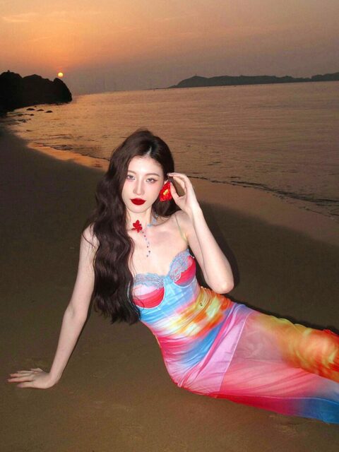 Lazy island holiday mesh ink suspender dress for women summer new slim long skirt dopamine hip skirt