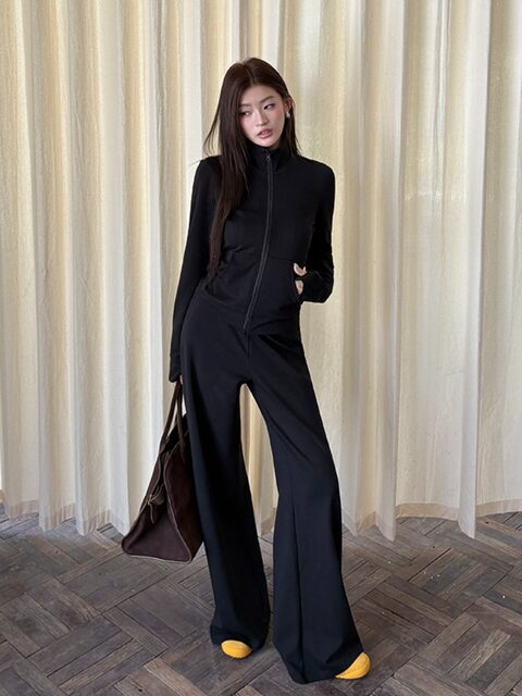 2025 Autumn and Winter New Style Stand-Up Collar Slim-Fit Long-Sleeved Jacket Top and Elegant Loose Wide-Leg Pants Two-Piece Suit for Women