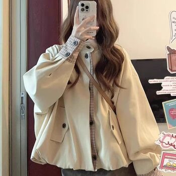 Retro Style Short Trench Coat for Women, Winter Design, Plaid Stitching, Loose Casual Elegant Top