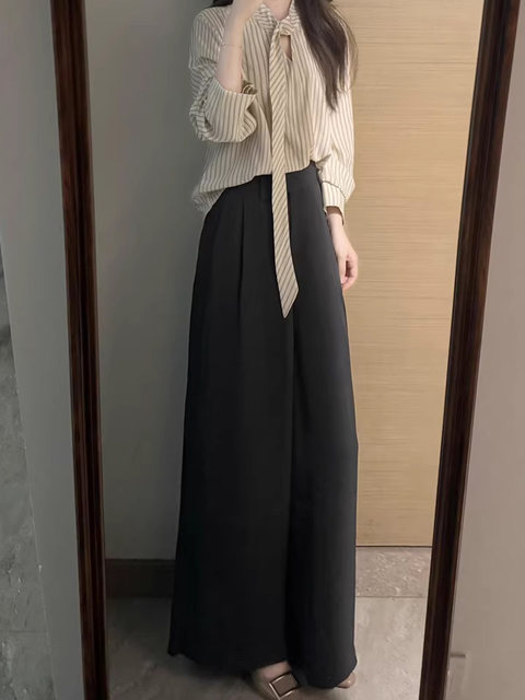 French Retro Striped Ribbon Long-Sleeve Shirt Top for Women, New Autumn High-End Base Shirt, Stylish and Trendy Blouse