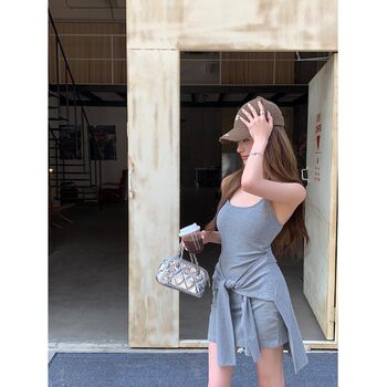 Atmospheric and Energetic Girl's Suspender Dress, Women's Design with Tie-Up Waist, Slimming, Faux Two-Piece, Bodycon Short Skirt