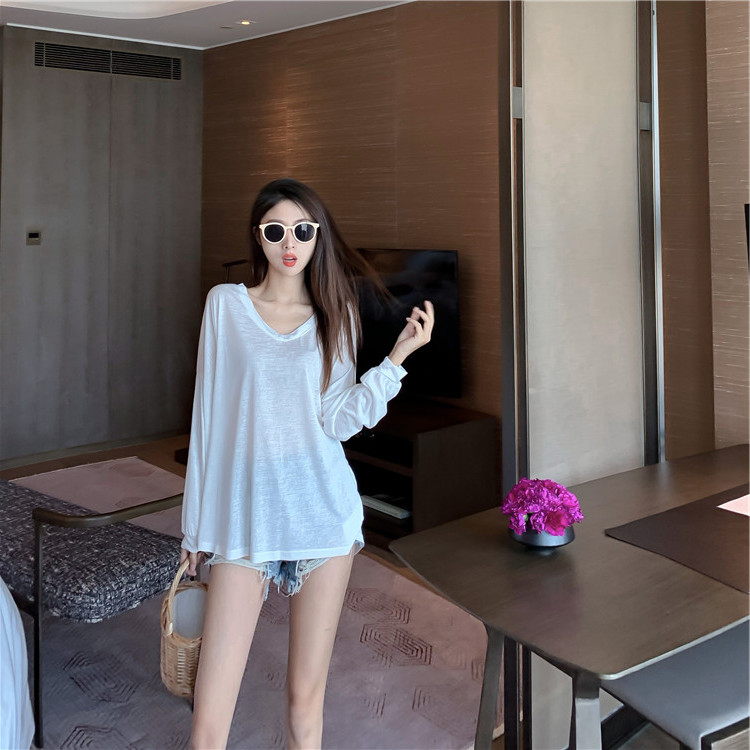 2020 mùa hè mới loose-fitting dài áo thun nữ áo khoác ngắn cổ chữ V sunshirt dài tay áo trùm đầu của phụ nữ mỏng