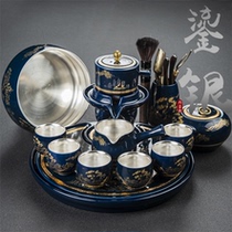 Silver enamel Chinese blue and white porcelain automatic kung fu tea set 999 sterling silver laid-back heat-proof stone ground ceramic tea infuser