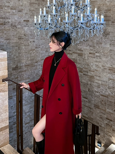 Зимнее классическое красное двусторонное кашемировое элитное шерстяное пальто, в корейском стиле