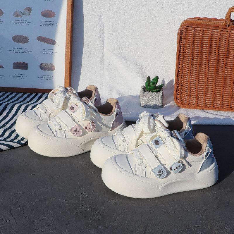 2026 Spring New Thick-Soled Velcro White Shoes for Women Cartoon Bread Shoes Versatile Casual Student Sneakers