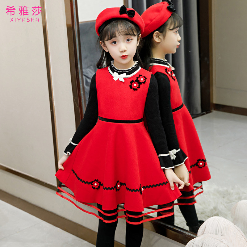 Children's Ocean Dress New Year Clothes Winter Dress 2022 New Sweater Girl Skirt Hair Princess Dresses Red Suit