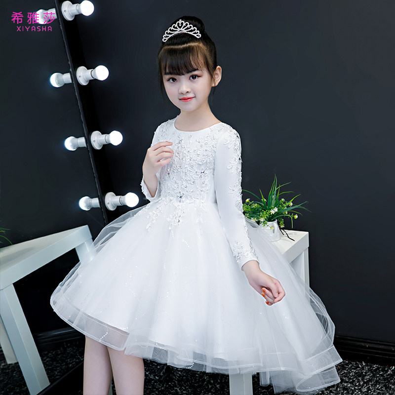 Girl White Princess Dresses Children Trailing Evening Gown Flowers Childlike Wedding Girls Show Gowns Pompon Porn Spring Autumn
