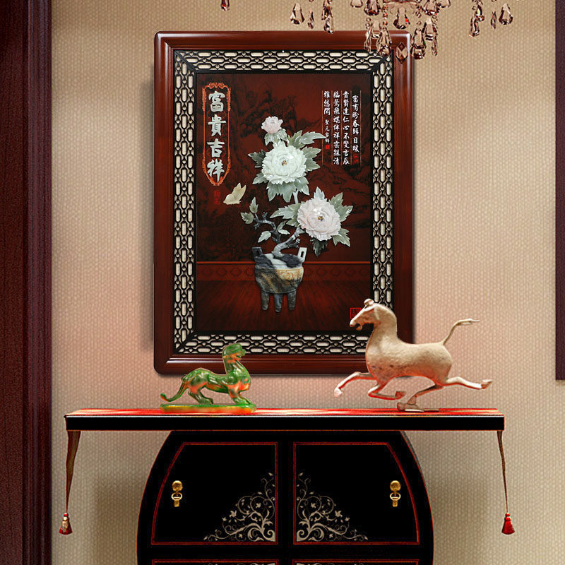 New Chinese style jade carving decorative painting solid wood vertical screen living room porch sofa background wall hanging painting relief three-dimensional craft painting