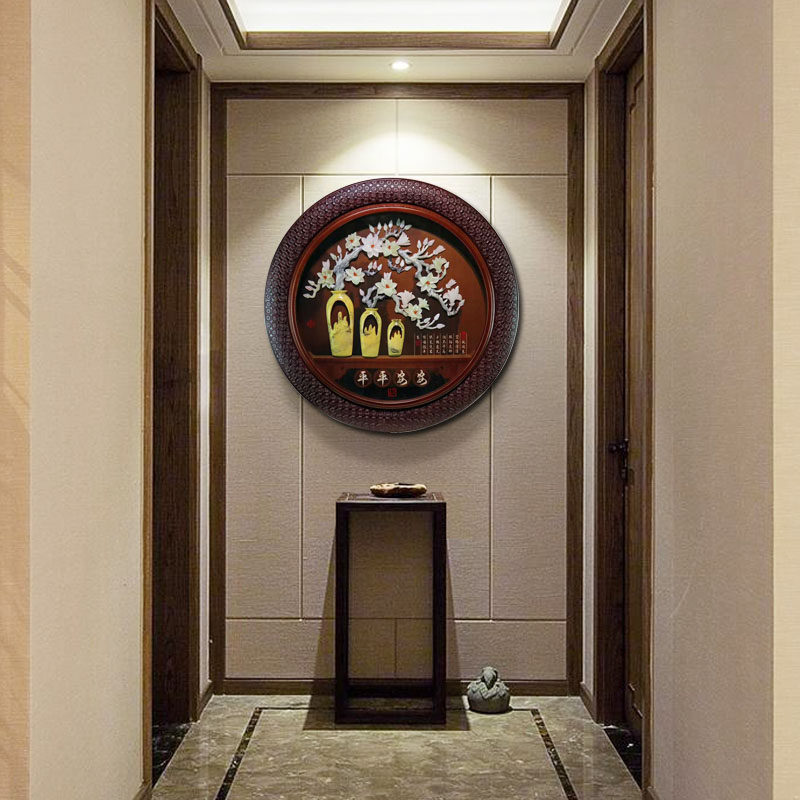 New Chinese Jade Sculpture Painting Xuanguan Living Room Sofa Background Wall Decoration Painting Round Solid Relief Dining Hall Jade Hanging Painting