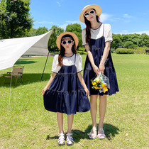 High-end parent-child wear 2024 new summer mother-daughter wear chiffon dress fake two-piece foreign style Korean summer dress