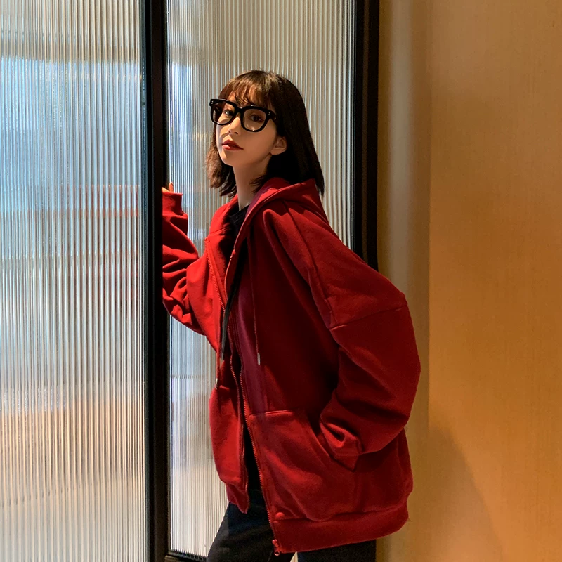 初可 Burgundy sweatshirt, spring hoody with zipper, long-sleeve, cardigan, 2021 collection