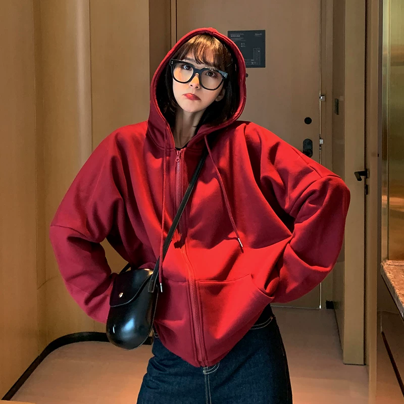 初可 Burgundy sweatshirt, spring hoody with zipper, long-sleeve, cardigan, 2021 collection