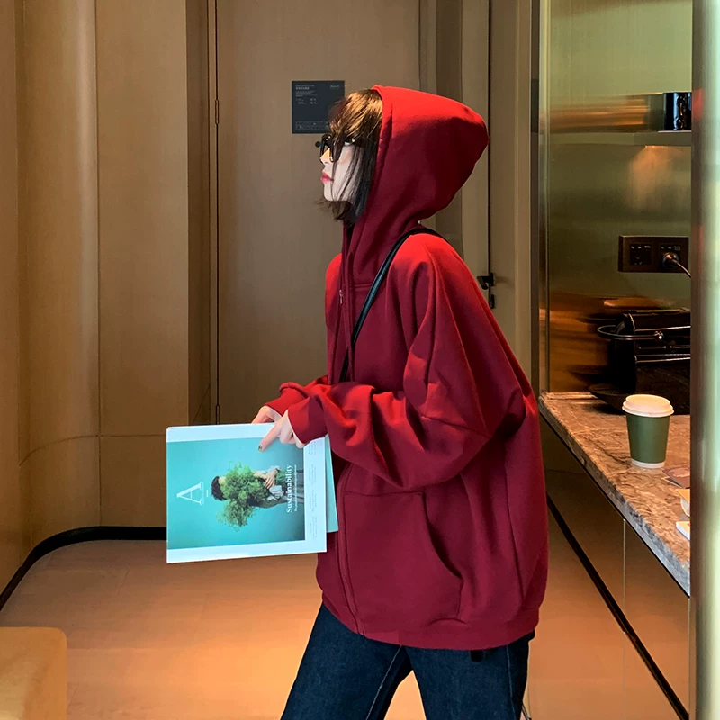初可 Burgundy sweatshirt, spring hoody with zipper, long-sleeve, cardigan, 2021 collection