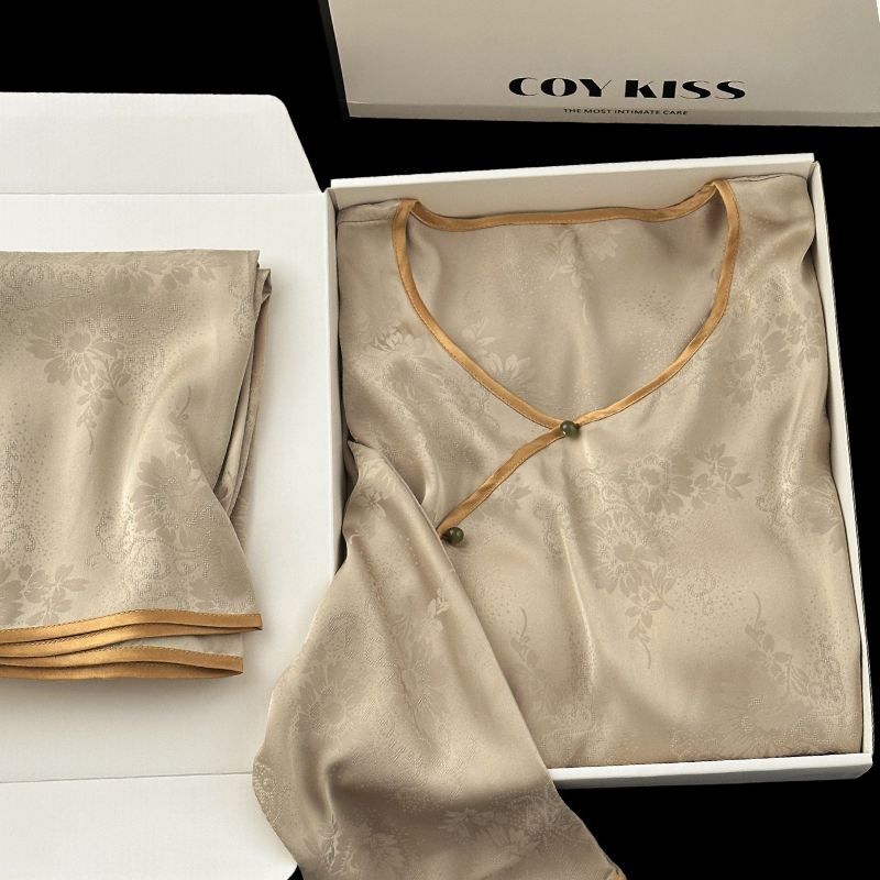 Silk Pajamas for Women, New Chinese Style with Chest Pads, Long-Sleeved Loungewear, Mother's Day Gift for Mom, High-End Gift Box Set