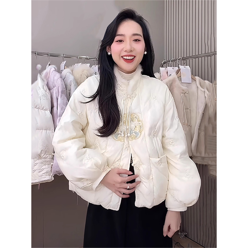 Trendy Brand New Chinese-Style National Fashion Embroidered Buttoned Stand Collar Fluffy White Duck down Jacket for Women Winter New Model