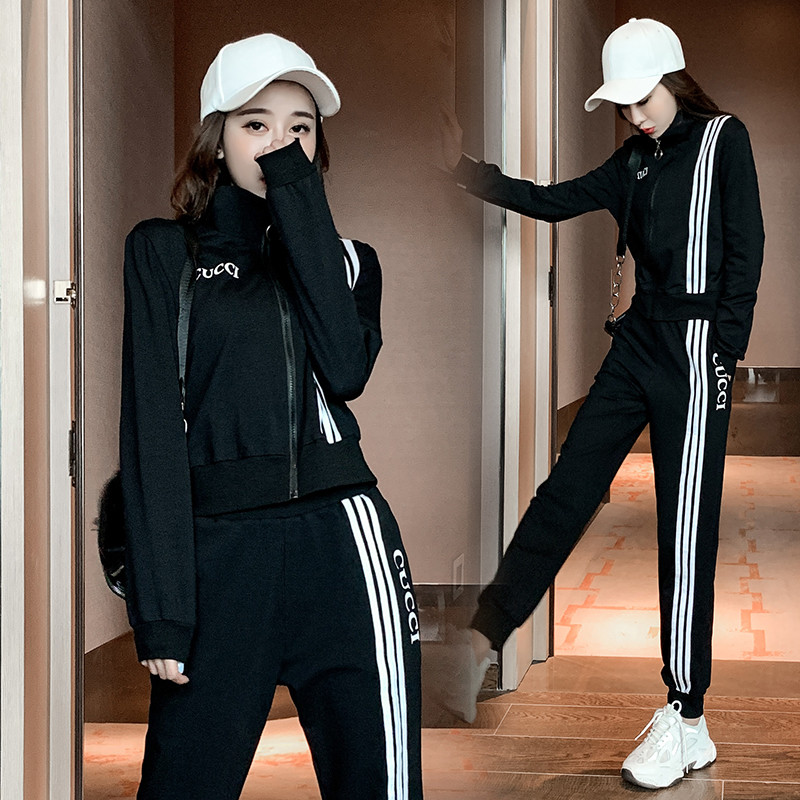 Pure Cotton Casual Sports Suit Women 2022 Spring new Korean version Fashion thick T-shirt for secondary school students Two sets of damp