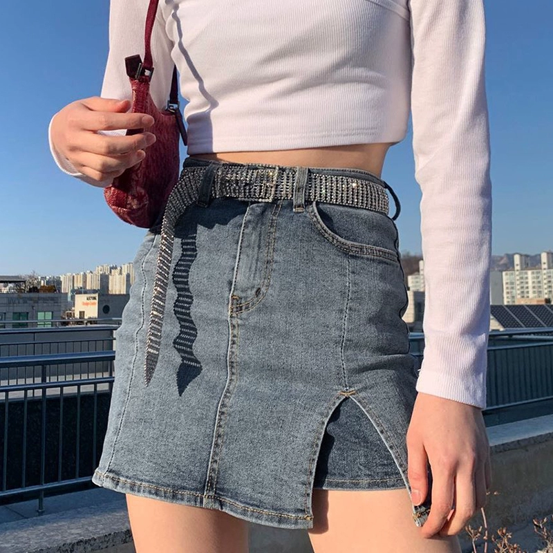 Pháp retro mùa hè 2020 mới giặt váy denim đau khổ nữ váy giảm béo eo cao an toàn xu hướng hakama - Váy