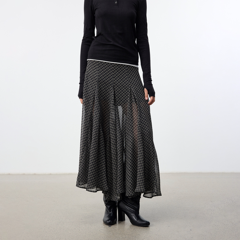 Set for Life Chiffon Plaid Mid-Waist Half-Body Structured Insert Skirt Long Skirt
