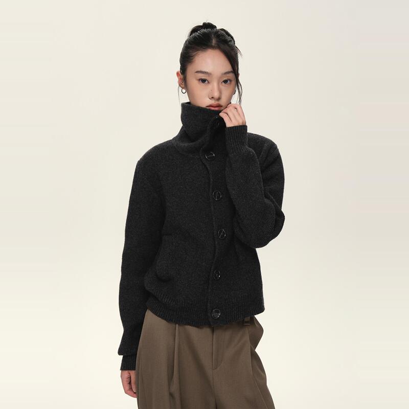 「A Ding Recommends」Set for Life Wool Blend Button Cardigan High Neck Turn-Down Collar Light Ribbed Sweater