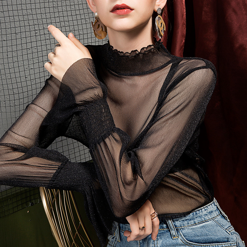 Autumn Turtleneck Base Shirt for Women, Lace Stylish Sheer Blouse, Black European Style Blouse, Mesh Bell-Sleeve Top