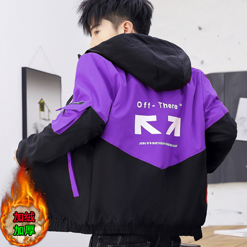 Plus velvet jacket male student thickening tide brand loose winter warm cotton coat 2021 autumn and winter Korean version of the tide color matching jacket