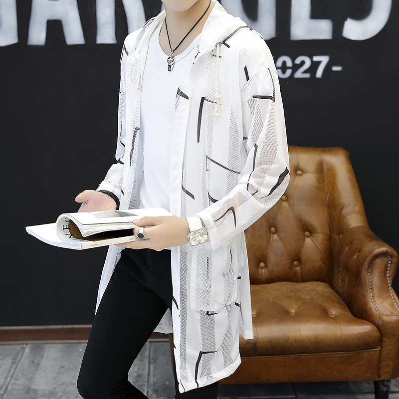 Ice silk sunscreen men's cape summer ultra-thin breathable clothes hooded fishing mesh hollow long version coat tide