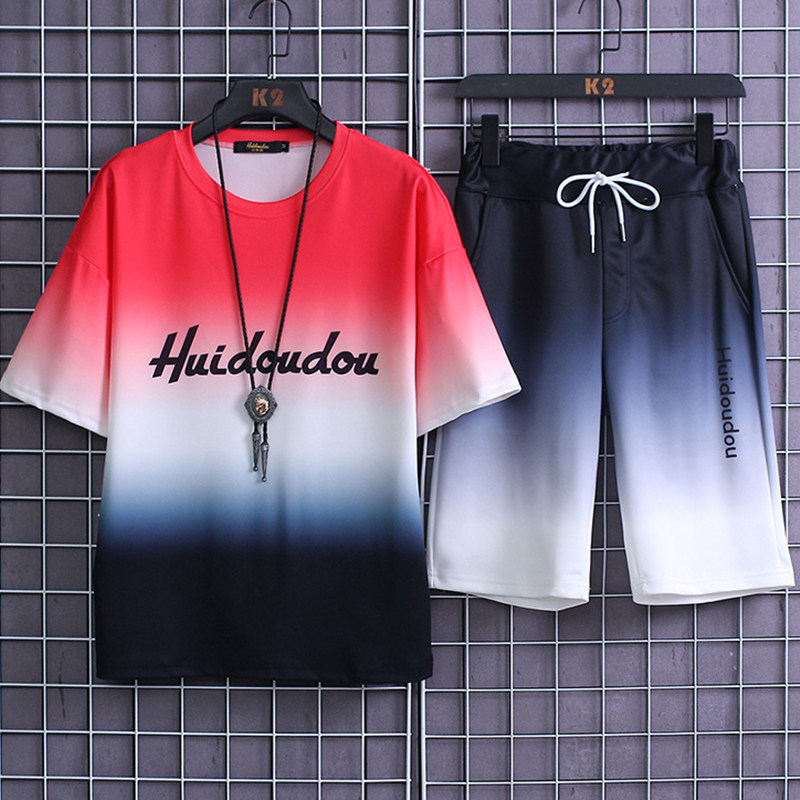 Spirit boy suit men's summer short-sleeved shorts gradient color casual sports ice silk two-piece set five-point pants T-shirt