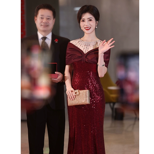 Бордовые блестки для ногтей, элитное вечернее платье, свадебное платье для матери, легкий роскошный стиль, изысканный стиль