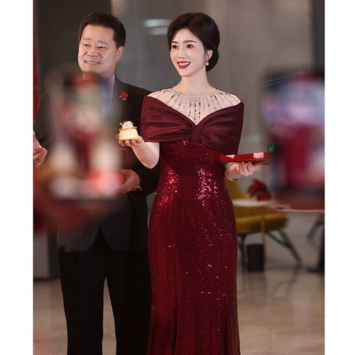 Бордовые блестки для ногтей, элитное вечернее платье, свадебное платье для матери, легкий роскошный стиль, изысканный стиль