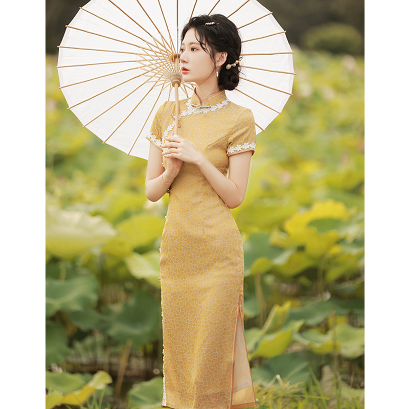 Yellow Qipao 2022 New Improved Long Version Retro Elegant High-end Temperament Young Lady Foreign Dress Summer