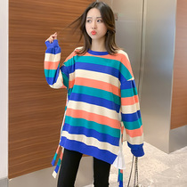 Pregnancy woman dress for autumn clothing Korean version striped sweatshirt loose with 100 hitch blouse autumn winter thickened outside wearing long sleeve t-shirt