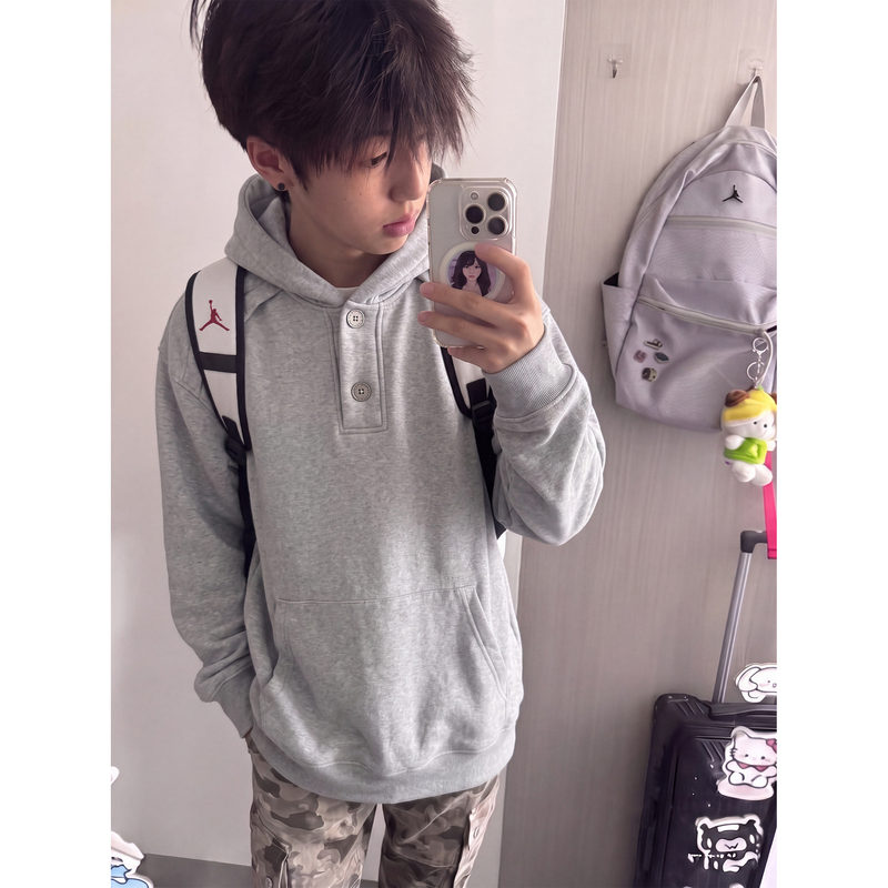 American-Style High Street Hooded Button-Up Sweatshirt for Men, Autumn Loose Gray High-End Casual Jacket Top