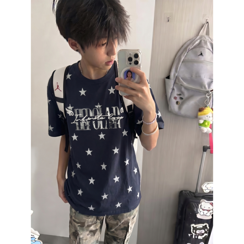 American High Street Style Letter Embroidery Youth Short-Sleeved T-Shirt Men's Summer Loose-Fitting Navy Blue Star-Printed Top
