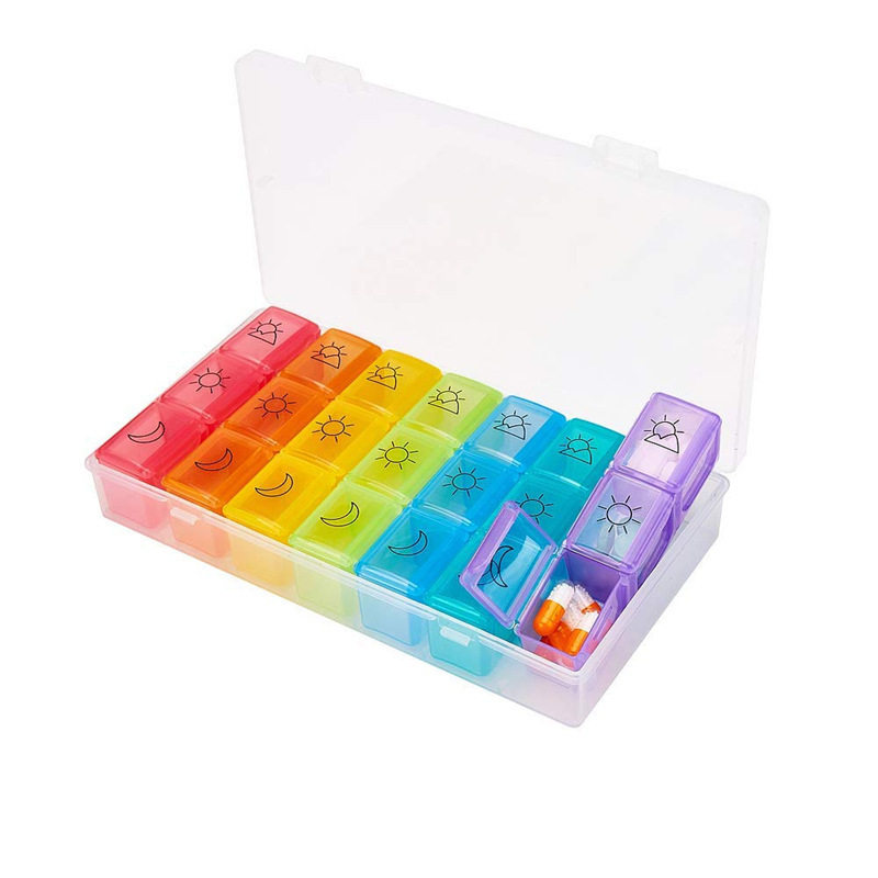 7 days a week, 21 compartments, seven-day pill box, portable seven-color travel pill box, transparent plastic sub-package box, which can be disassembled in one day