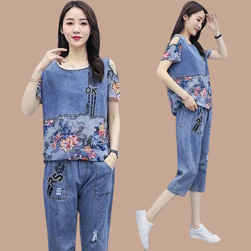 European Station fashion sports suit women's summer 2021 new large size loose denim seven-point pants casual two-piece tide
