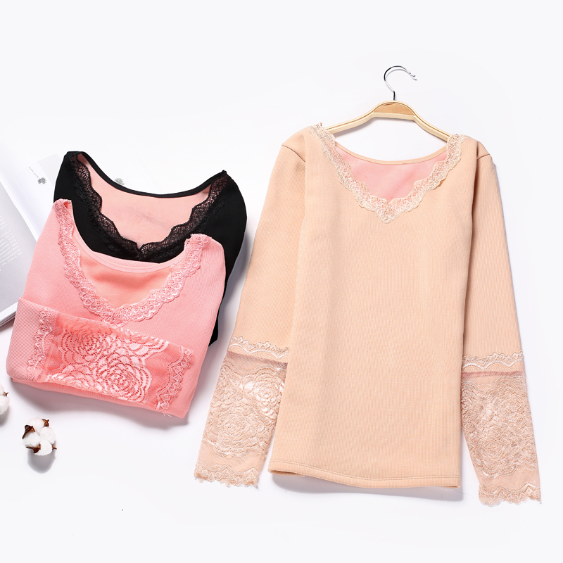 Winter heating clothing women's fleece thickening body slim sexy goddess clothing warm top long-sleeved lace V-neck