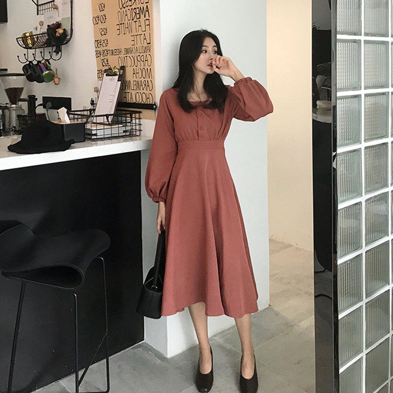 2021 New Fashion Early Spring Ladies Dress Vintage Orange Falcon Square Collar French Waist Slim Mid-Length Skirt