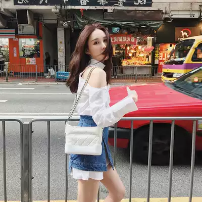 Spring and summer sexy leaky shoulder suit small fresh chic white waist thin shirt skirt denim skirt two-piece set