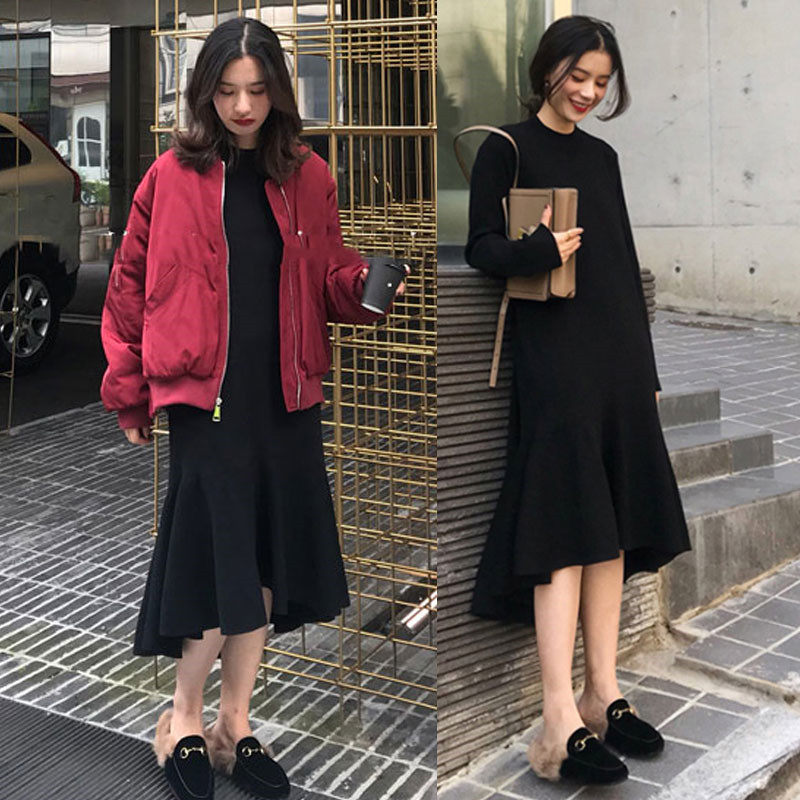 2021 spring autumn new irregular skirt hem temperament small black dress Herbenn long dress with kneecap underskirt knit foreign dress