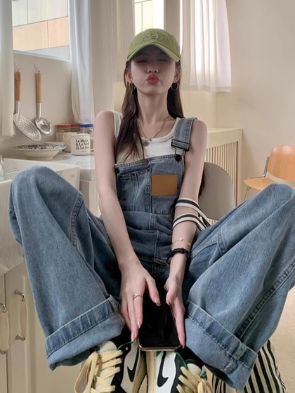 大码复古牛仔裤女直筒阔腿裤春秋吊带裤背带裤拖地裤子小众长裤子